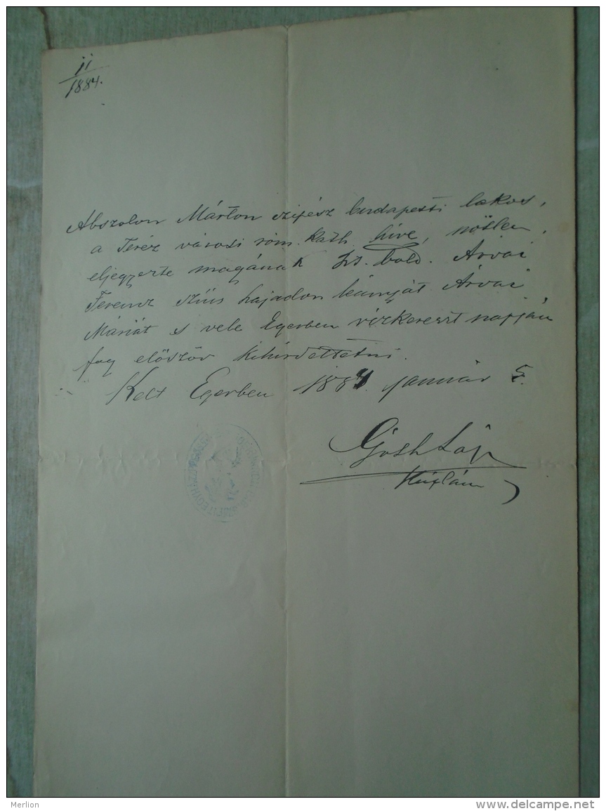 D137988.5  Old Document  Hungary  -Marton Abszolon - Mária Árvai   -EGER  1884 - Verloving