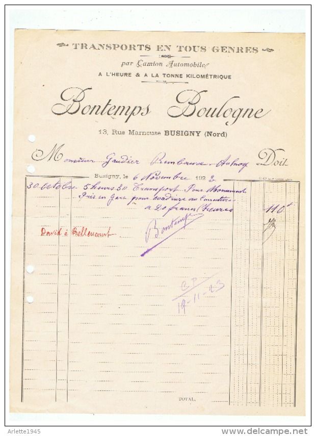 TRANSPORTS   EN TOUT GENRES  PAR CAMION AUTOMOBILE  BONTEMPS BOULOGNE à  BUSIGNY (NORD) - Camiones