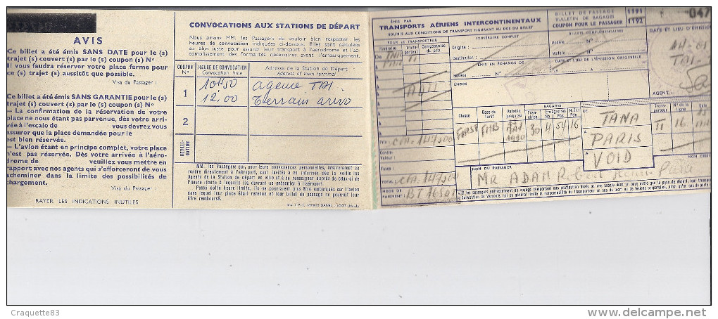 TAI   TRANSPORT AERIENS INTERCONTINENTAUX  -BILLET DE PASSAGE ET BULLETIN DE BAGAGES - Europa