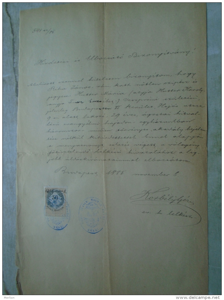 D137988.12 Old Document  Hungary   János RIHA  - Maria HUTTER Veszprém Budapest 1885 - Verloving