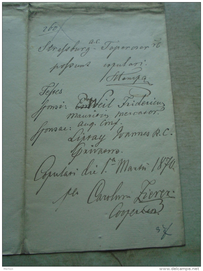 D137988.32 Old Document   Hungary Strigonii - Rudolpho Strassburg- Aloysia Toperczer 1870 - Verloving