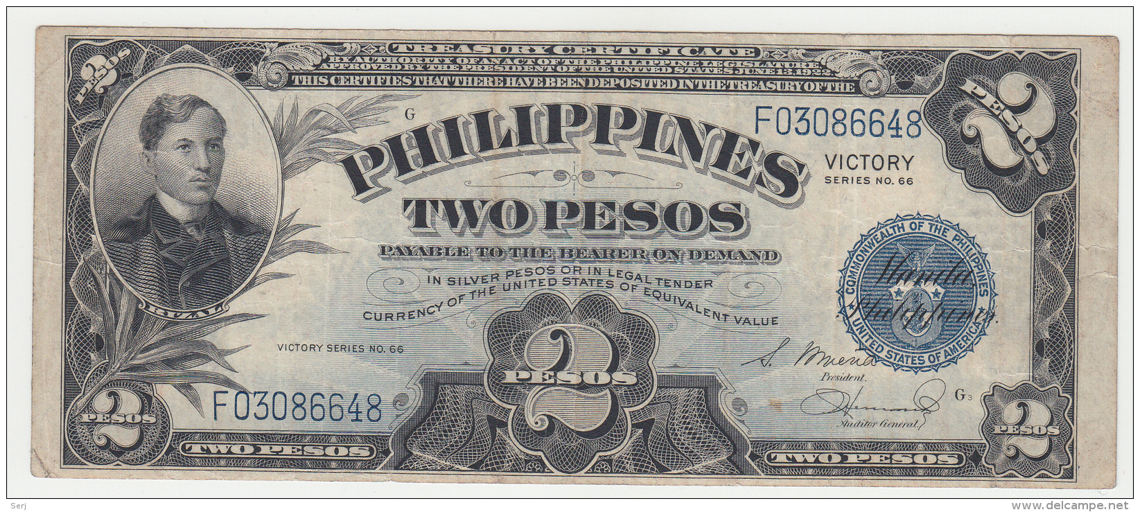 Philippines 2 Peso 1944 VF Victory Over Japan WW 2 - Series G Pick 95 - Filipinas