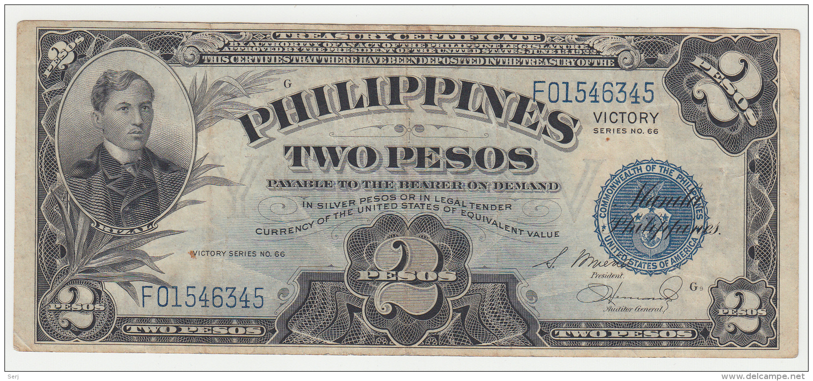 Philippines 2 Peso 1944 VF Victory Over Japan WW 2 - Series G Pick 95 - Philippines