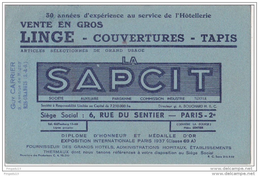 Au Plus Rapide Buvard La SAPCIT Rue Du Sentier Paris Linge Couvertures Tapis - L