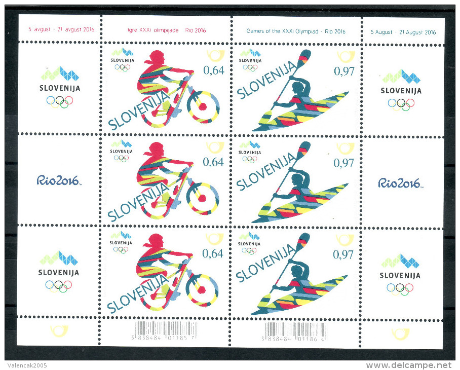 2329 Slowenien Slovenia 2016 Mi.No 1201 1202  ** MNH Brasil Rio De Janeiro Olympic Games Sport Biking Canoe Kayak Slalom - Eté 2016: Rio De Janeiro