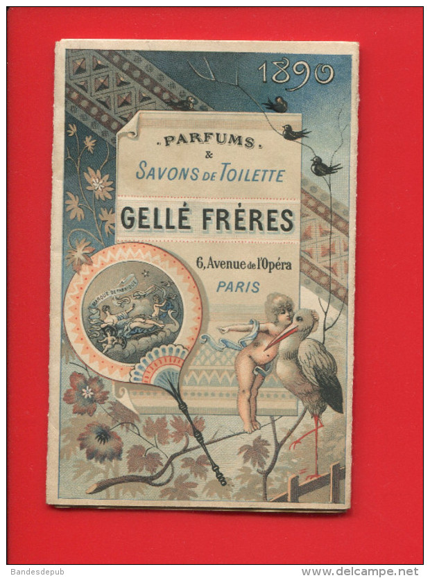 PARFUM GELLE PARIS DEPLIANT CALENDRIER CHROMO 1890 BAILLY EVENTAIL CIGOGNE TOUR EIFFEL TORERO ESPAGNE INDES CHINE - Petit Format : ...-1900