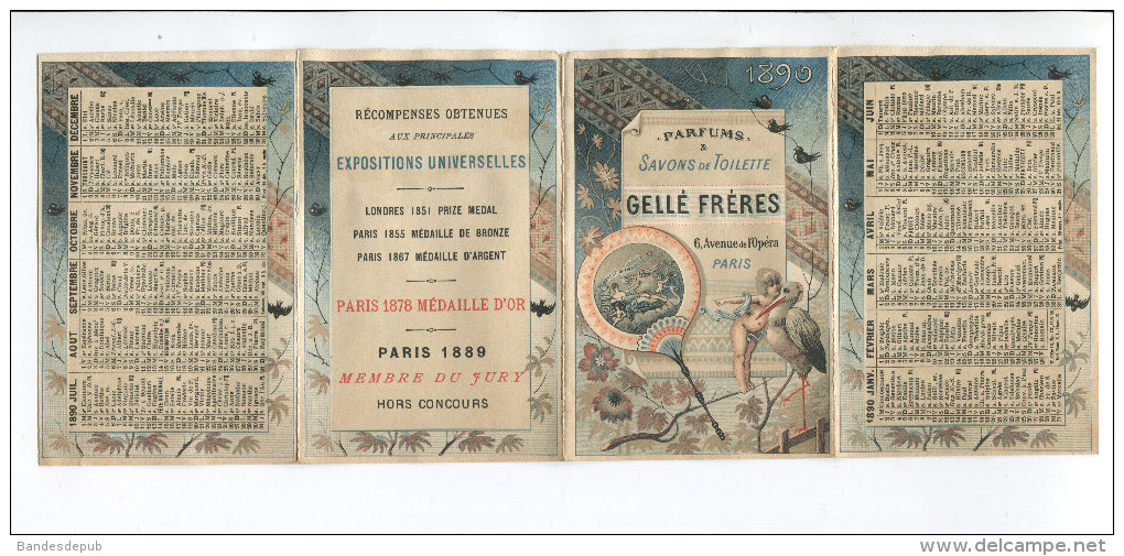 PARFUM GELLE PARIS DEPLIANT CALENDRIER CHROMO 1890 BAILLY EVENTAIL CIGOGNE TOUR EIFFEL TORERO ESPAGNE INDES CHINE - Petit Format : ...-1900