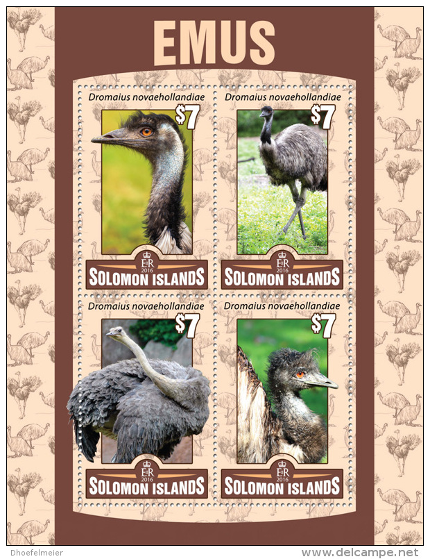 SOLOMON ISLAND 2016 ** Emus M/S - OFFICIAL ISSUE - A1621 - Autruches