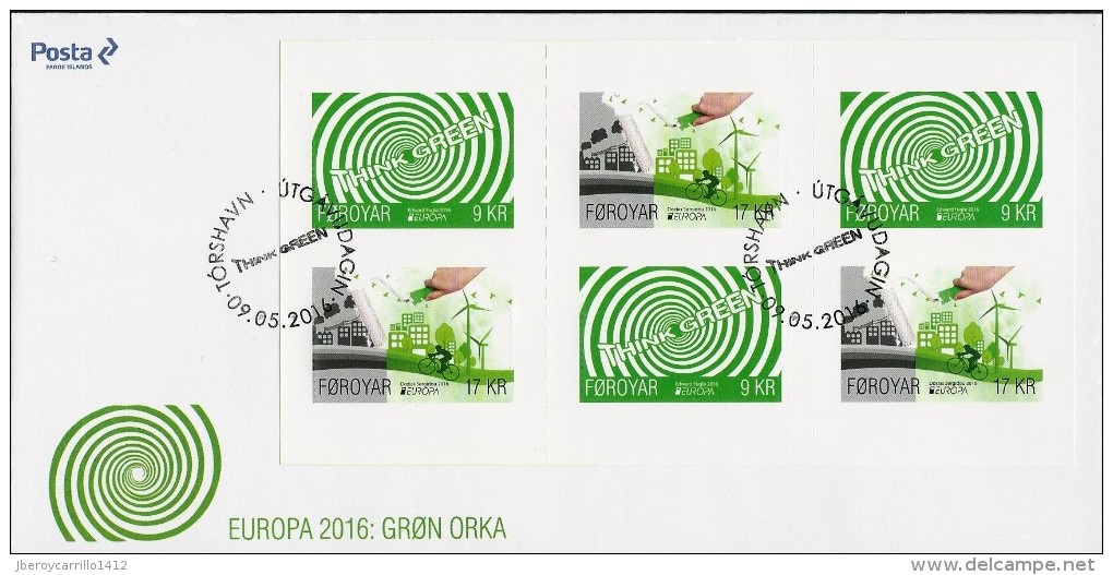 FAEROE ISLANDS/ FÉROÉ / FØROYAR/ FÄROËR - EUROPA 2016 -"ECOLOGIA -EL PENSAMIENTO VERDE -THINK GREEN".-2 FDC:SERIE+CARNET - 2016