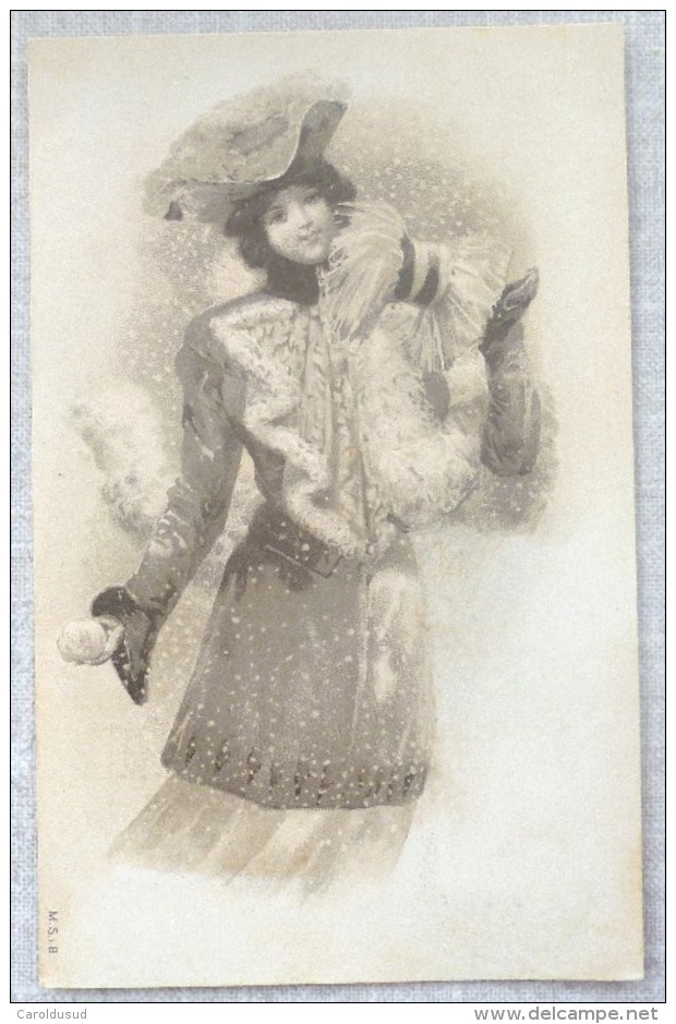 CPA Litho RELIEF PRECURS Illustrateur MSIB BOTTARO ? ORAZI ? Femme FILLE MANTEAU CHAPEAU FOURRURE BOULE DE NEIGE FLOCONS - Bottaro