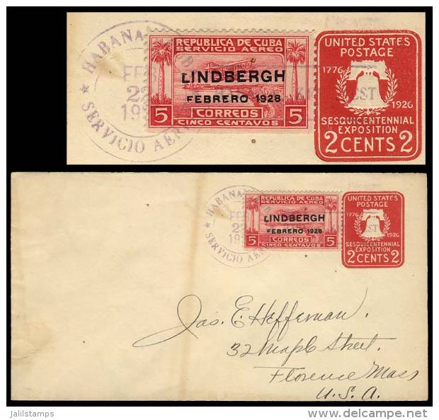 USA 2c. Stationery Envelope Additionally Franked With Cuba 5c. Stamp (Lindbergh), Sent To USA On 22/FE/1929,... - Brieven En Documenten