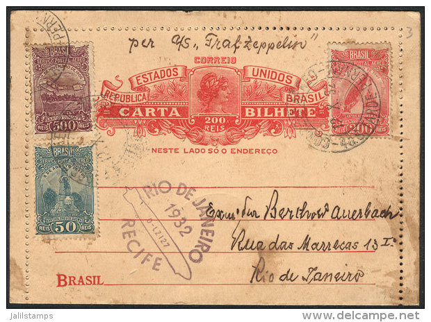 RHM.CB-92, Letter Card Additionally Franked (total Postage 950Rs.), Sent From Recife To Rio Via ZEPPELIN On... - Brieven En Documenten