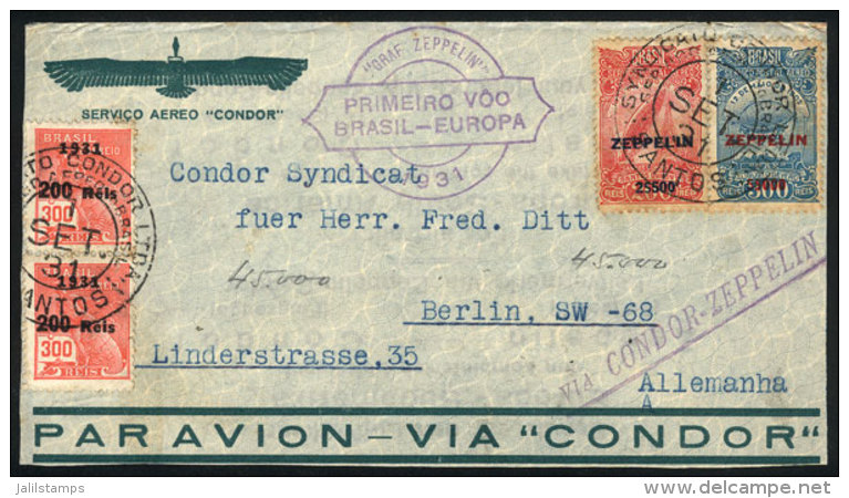 Cover Flown Via ZEPPELIN, From Santos To Germany On 1/SE/1931 Franked With 8,100Rs. Including The Set Sc.C26/27,... - Brieven En Documenten