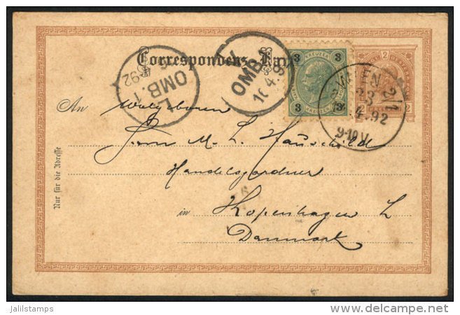 2h. Postal Card Uprated With 3h., Sent From Wien To Denmark On 12/AP/1892, Very Nice! - Brieven En Documenten