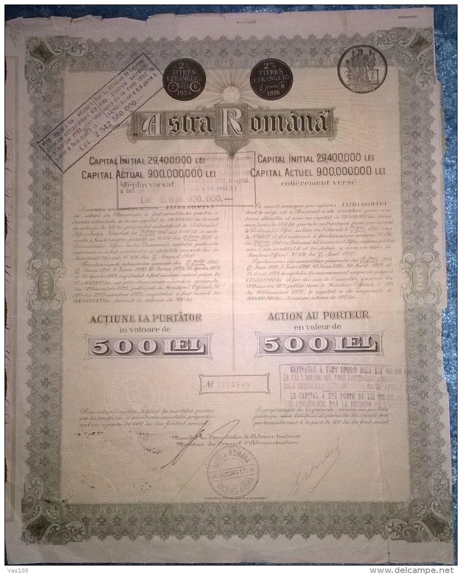 ASTRA ROMANA OIL REFINERY COMPANY, SHARES, STOCK, REVENUE COUPONS, 1945, ROMANIA - Petrolio