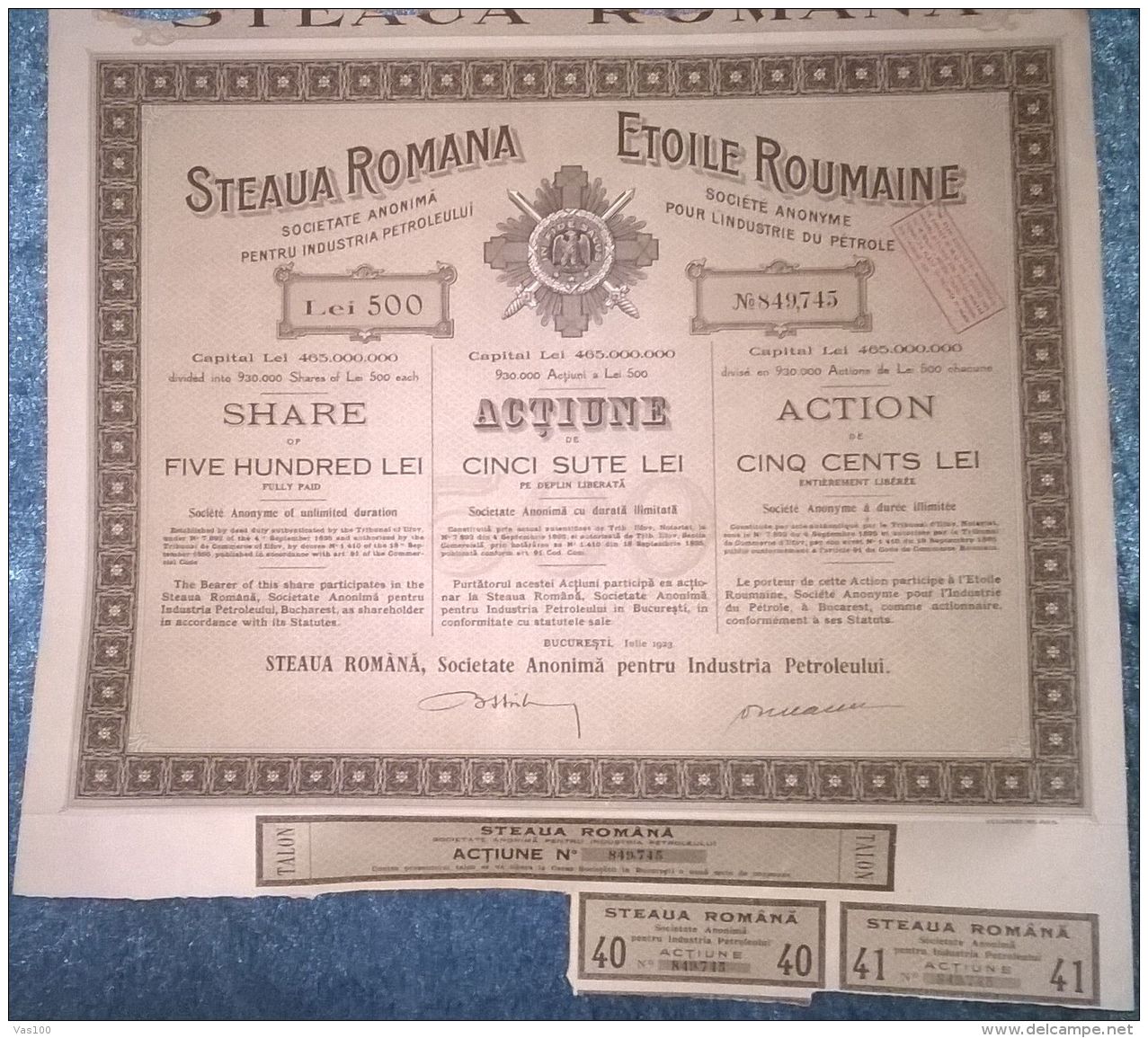 STEAUA ROMANA OIL COMPANY, SHARES, STOCK, REVENUE COUPONS, 1923, ROMANIA - Pétrole