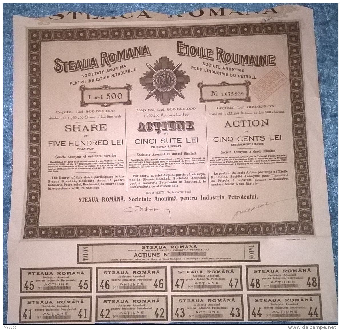 STEAUA ROMANA OIL COMPANY, SHARES, STOCK, REVENUE COUPONS, 1926, ROMANIA - Petrolio