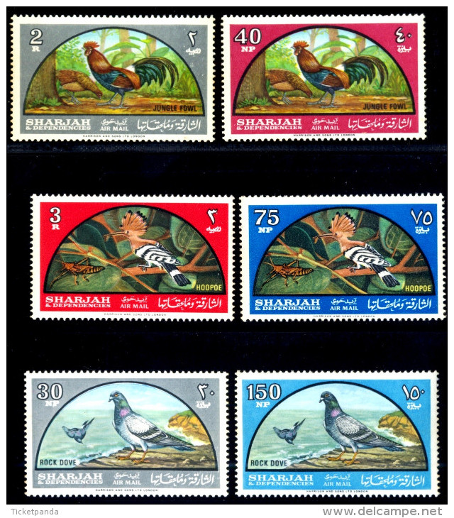 BIRDS-JUNGLE FOWL-ROCK DOVE-HOOPOE-FULL SET OF 6-SHARJAH-1965-MNH-TP-231 - Spechten En Klimvogels