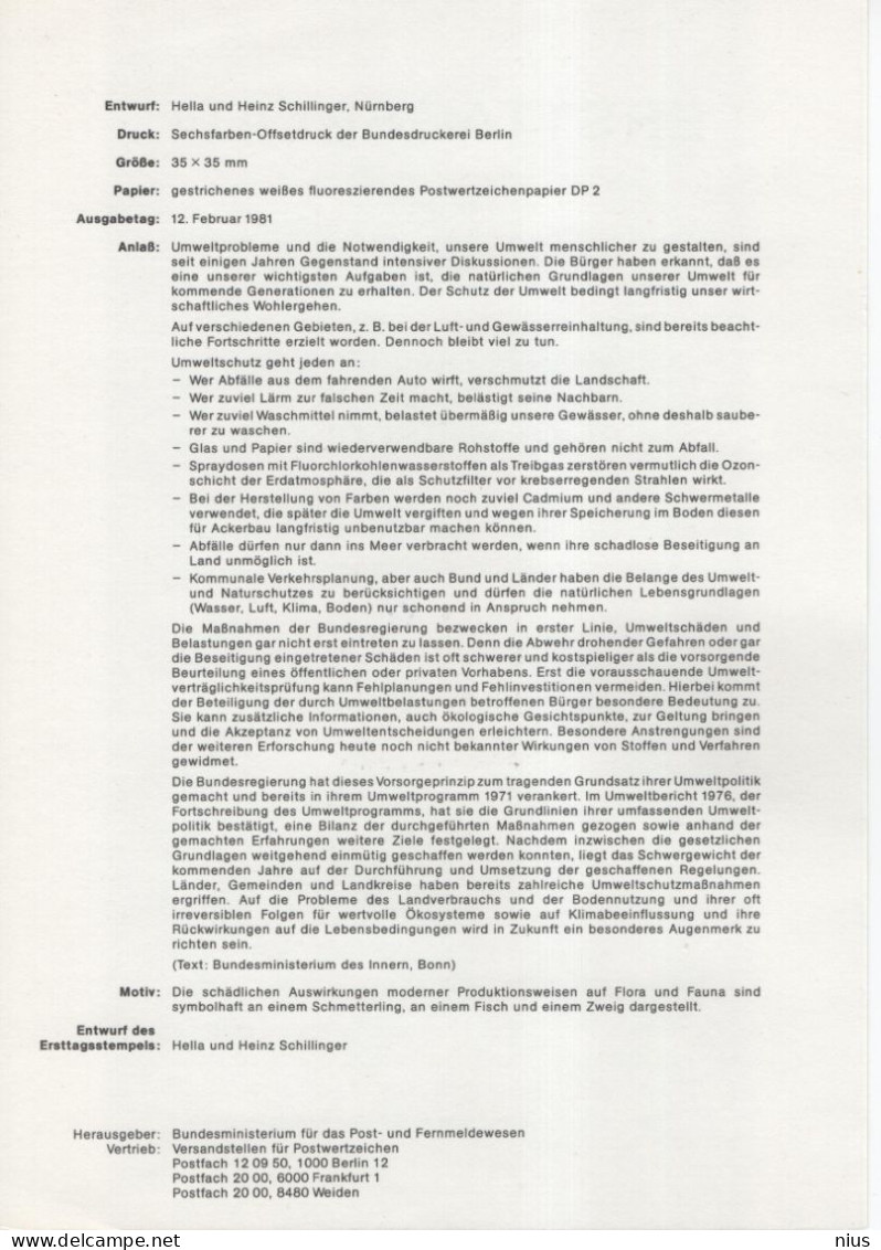 Germany Deutschland 1981-06 Umweltschutz, Fish Fishes Butterfly Butterflies, Environmental Protection, Canceled In Bonn - 1974-1980