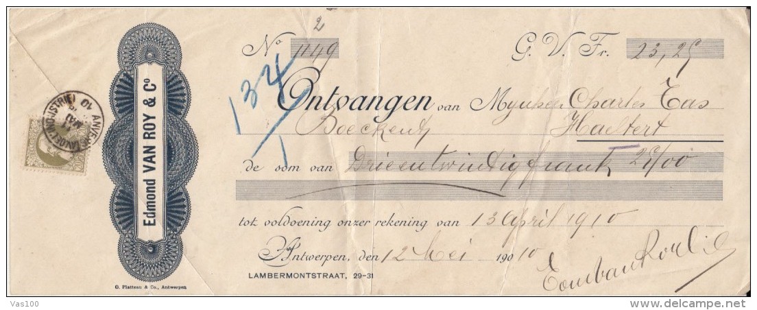 PROMISSORY NOTE, BANK, KING LEOPOLD II STAMPS, 1910, BELGIUM - Bank & Insurance