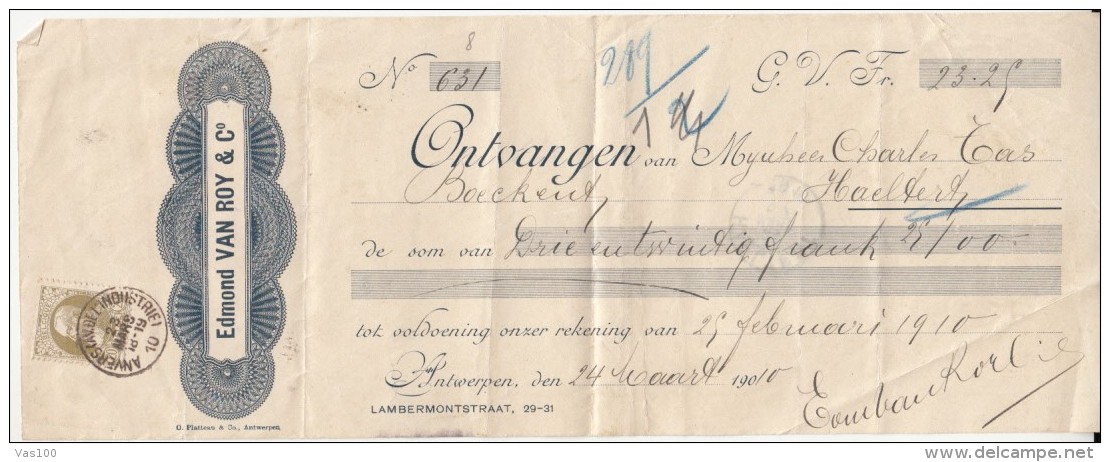 PROMISSORY NOTE, BANK, KING LEOPOLD II STAMPS, 1910, BELGIUM - Bank & Insurance