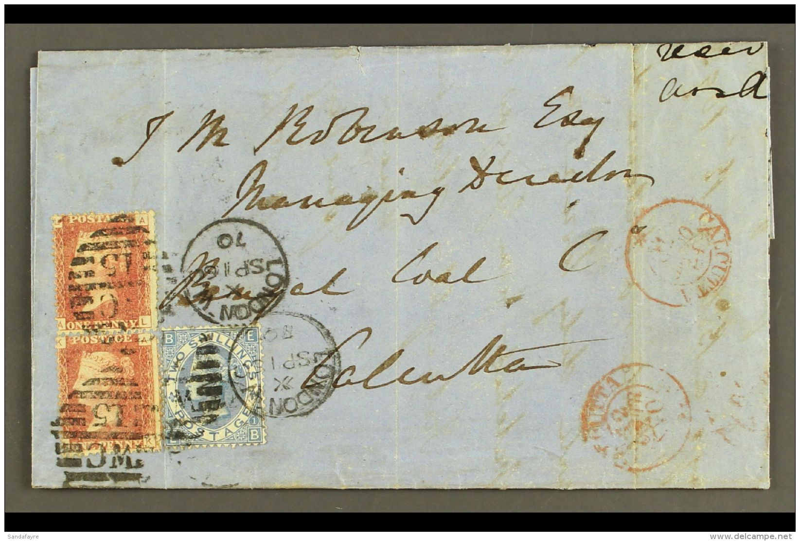 1870 (16 SEP) COVER TO CALCUTTA Bearing 1867-80 2s Dull Blue Plate 1, SG 118, Plus 1d Plate 139 Pair, These Tied... - Otros & Sin Clasificación