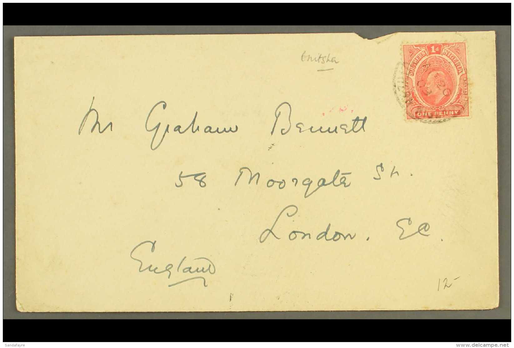 1909 Cover To UK Franked Ed VII 1d Tied By Scarce If Somewhat Indistinct INITSHA Cds. For More Images, Please... - Nigeria (...-1960)