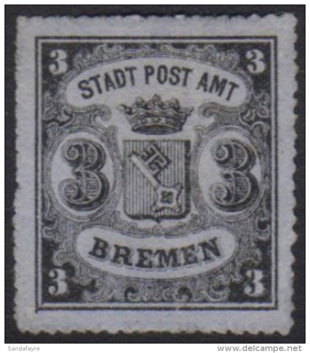 BREMEN 1864 3Gr Black On Blue Grey, Vertically Laid Paper, Rouletted 16, Michel 6x, Very Fine Unused, Signed... - Otros & Sin Clasificación