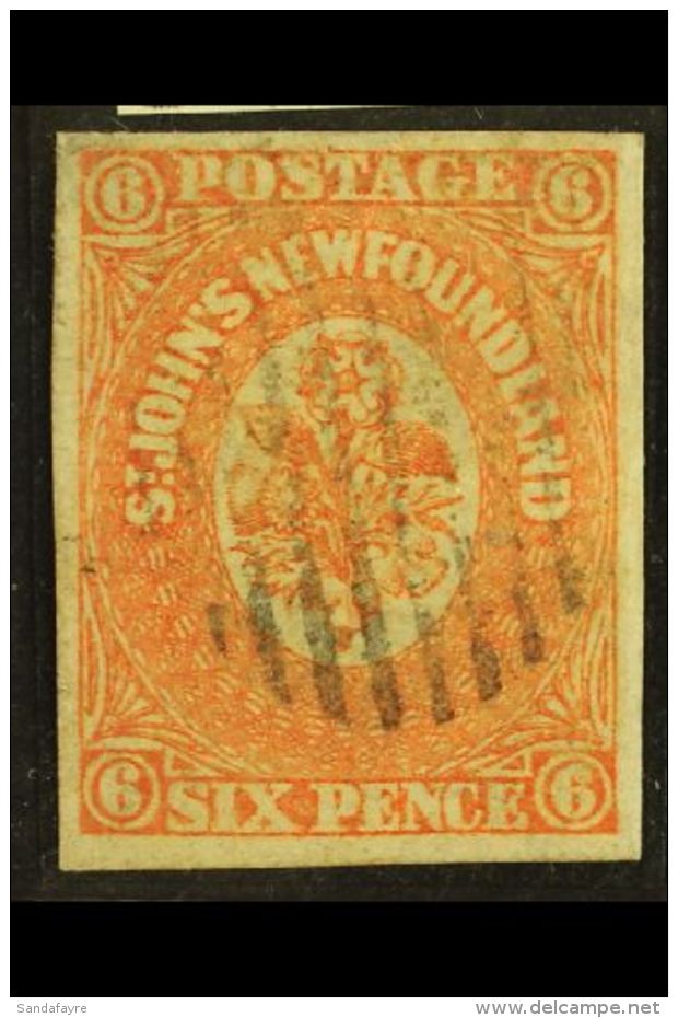 1860 6d Orange-vermilion, Imperf, On Medium Hand Made Paper, SG 14, Fine Used, A Lovely Stamp With Four Large Neat... - Other & Unclassified