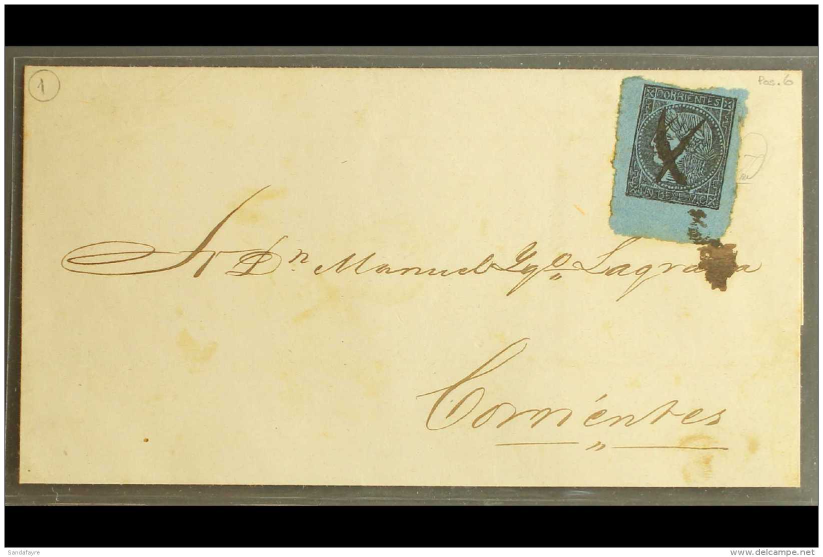 CORRIENTES 1856. 1r Black/blue On Letter Sheet, Cancelled By Pen Cross &amp; Ink Mark Of The Types Used In Esquina... - Altri & Non Classificati