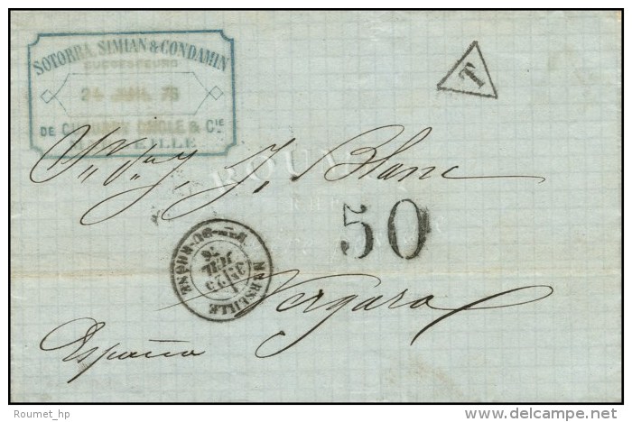 Càd T 18 MARSEILLE / BCHES-DU-RHÔNE Sur Lettre Non Affranchie Pour L'Espagne, Taxe Tampon 50. 1876. -... - Otros & Sin Clasificación