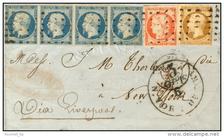 Roulette De Gros Points / N° 5 + 9 (def) + 10 Bande De 4 Càd PARIS (60) Sur Lettre Pour New-York. Au... - 1852 Luis-Napoléon