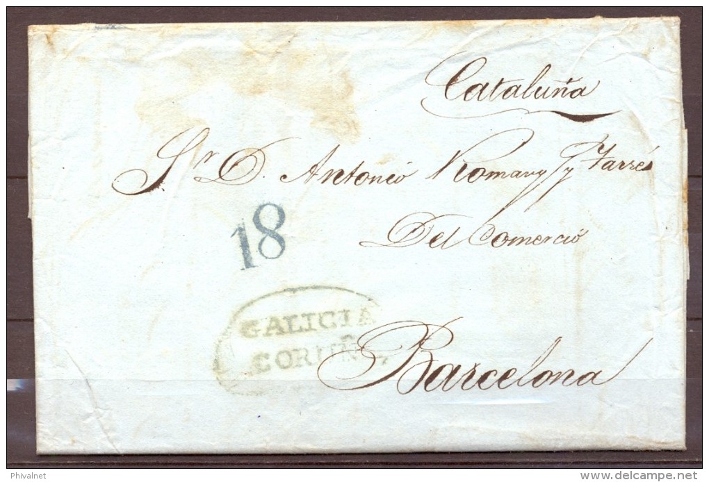 1839 , GALICIA , CARTA CIRCULADA ENTRE CORUÑA Y BARCELONA , MARCA PREF. Nº 9 EN VERDE. PORTEO - ...-1850 Prefilatelia