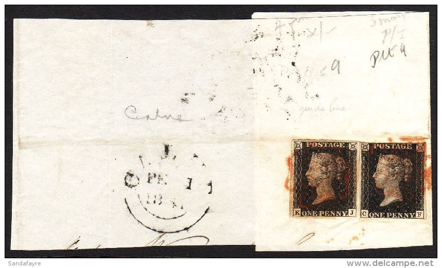1840 1d Blacks 'KJ' &amp; ''CF' Both From Plate 9, Each With 4 Good / Large Margins Tied Together On Large Piece... - Unclassified