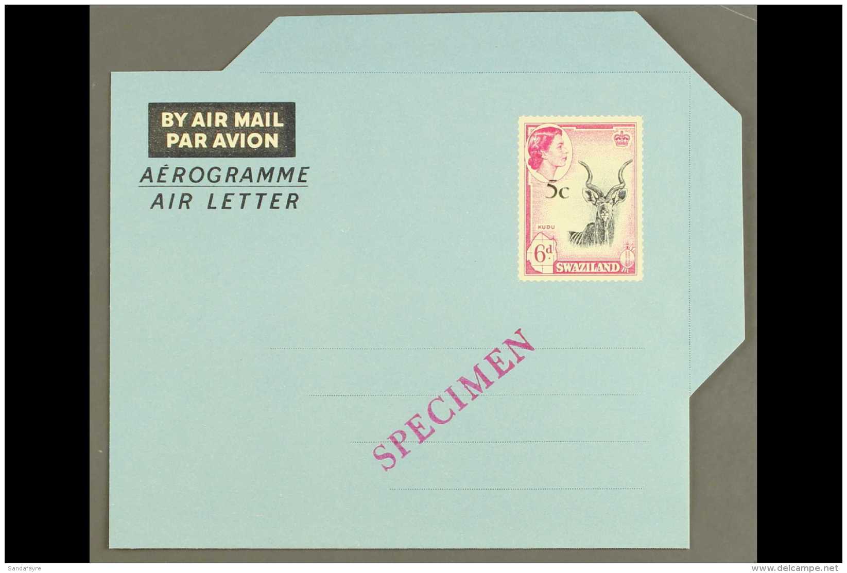 1961 AIR LETTER 5c On 6d Red-violet &amp; Black (Kudu) With Locally Applied "SPECIMEN" Overprint In Violet,... - Swaziland (...-1967)