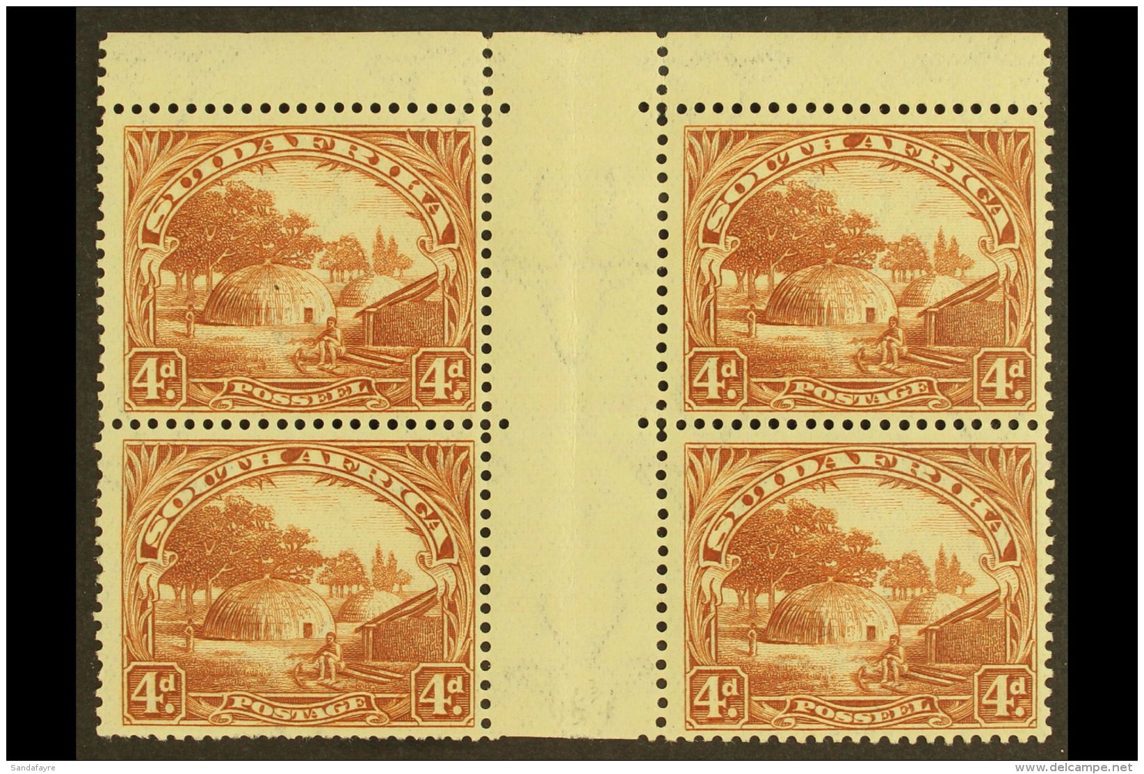 1927-30 4d Brown, Perf.14x13&frac12; In A Gutter Block Of 4 With Top Margin, SG 35c, Mint, Vertical Fold In Gutter... - Unclassified