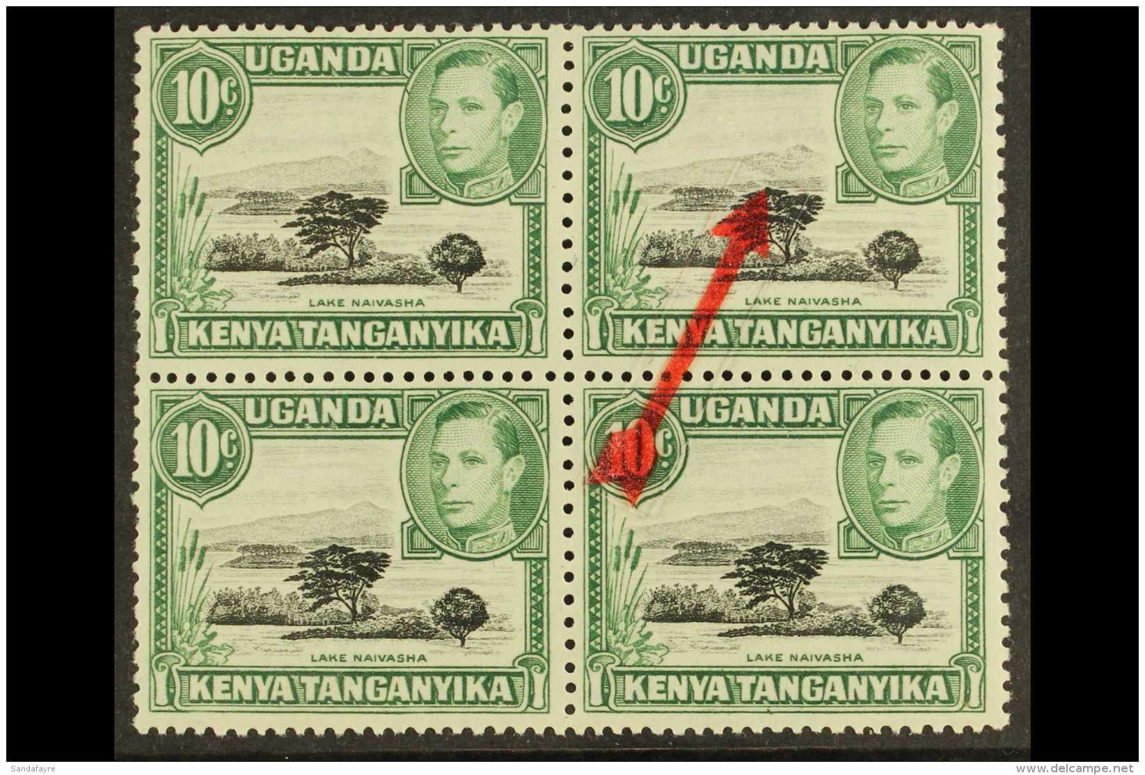 1949 10c Black &amp; Green, Variety "MOUNTAIN RETOUCH", SG 135a, Never Hinged Mint In Block Of Four With 3 Normal... - Vide