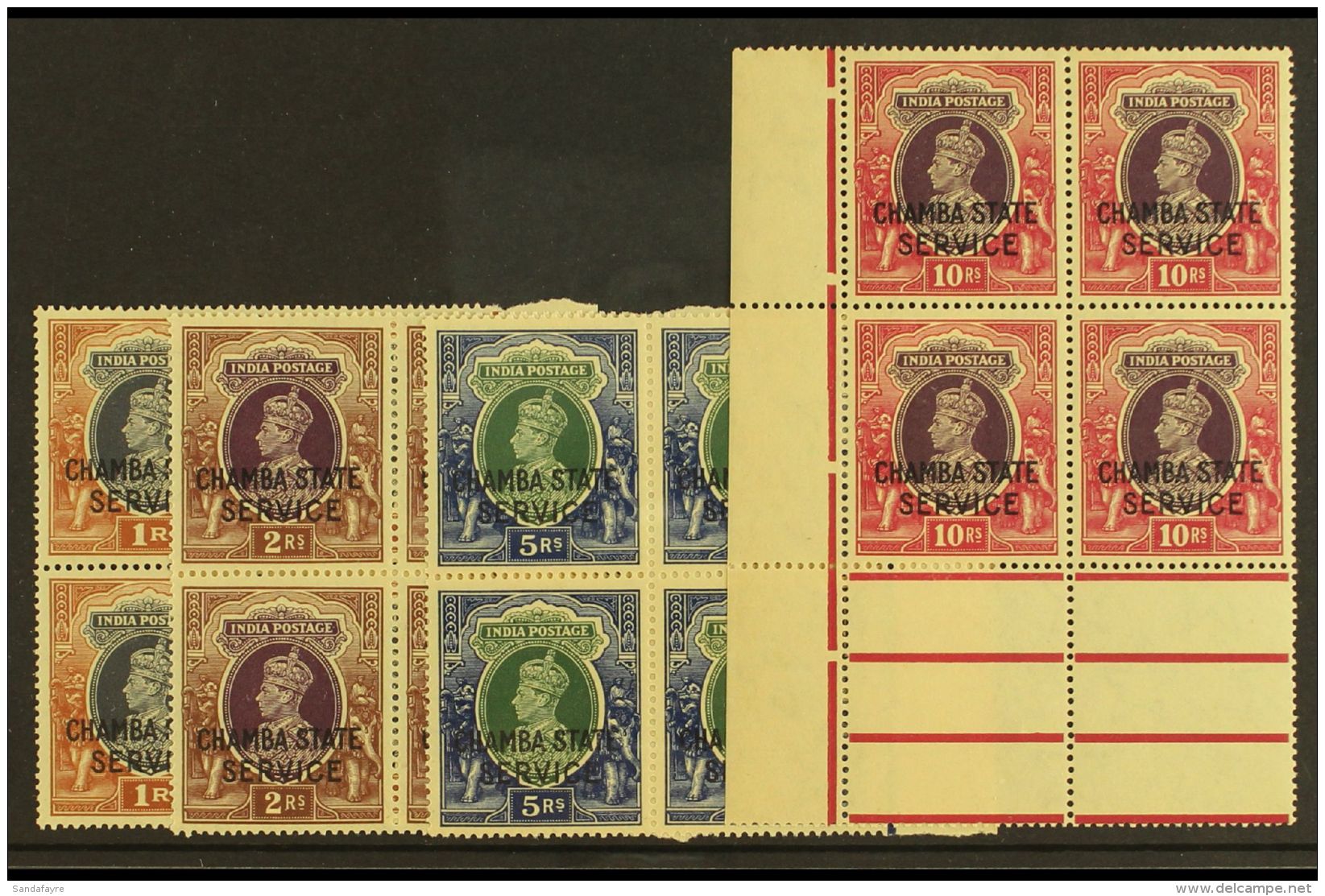 CHAMBA OFFICIALS. 1938-40 KGVI High Values Set As Marginal BLOCKS Of 4, SG O68/71, Never Hinged Mint (4 Blocks Of... - Altri & Non Classificati