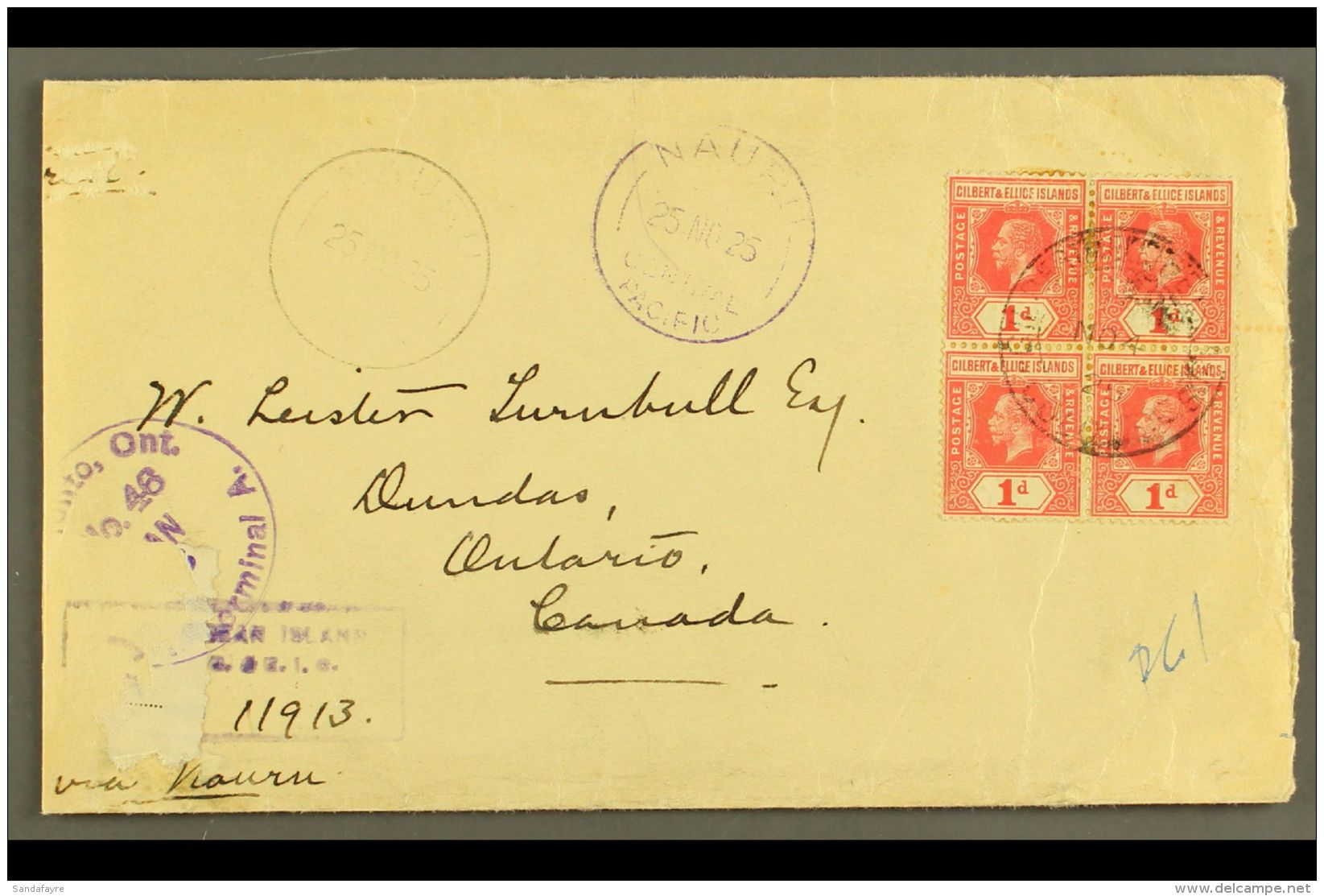 1925 (4 Nov) Registered Cover To Canada, Bearing 1912-24 1d Block Of 4 Cancelled By "Gilbert &amp; Ellice Islands... - Gilbert & Ellice Islands (...-1979)