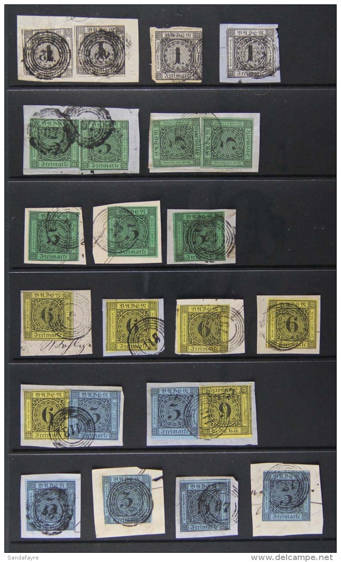 BADEN 1853-58 Used Group Of Imperfs On Pieces With 1853-54 1kr X4, 3kr X7, And 6kr X6, Plus 1858 3kr X6, Cat Euro... - Altri & Non Classificati