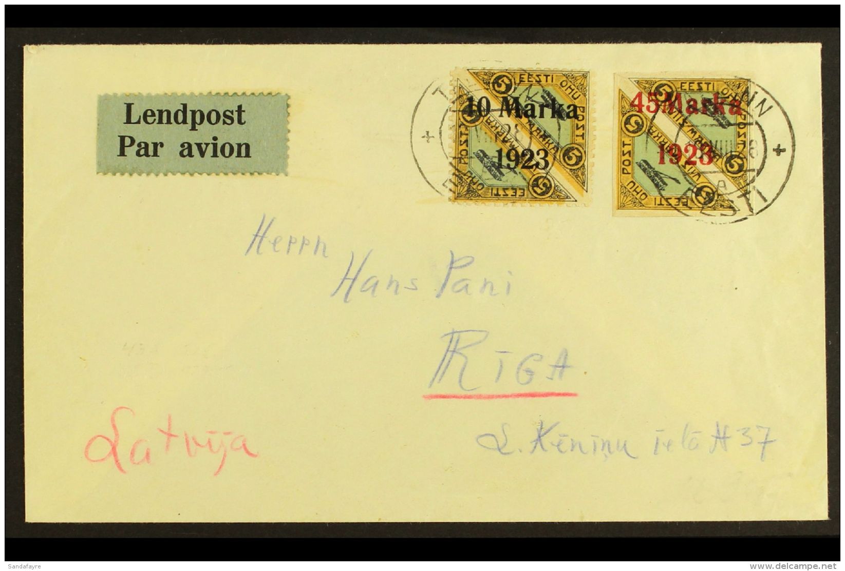 1928 Fabricated Airmail Cover To Latvia, Bearing 1923 10m On 5m+5m (faked Perf) &amp; 45m On 5m+5m Imperf Air... - Estonia