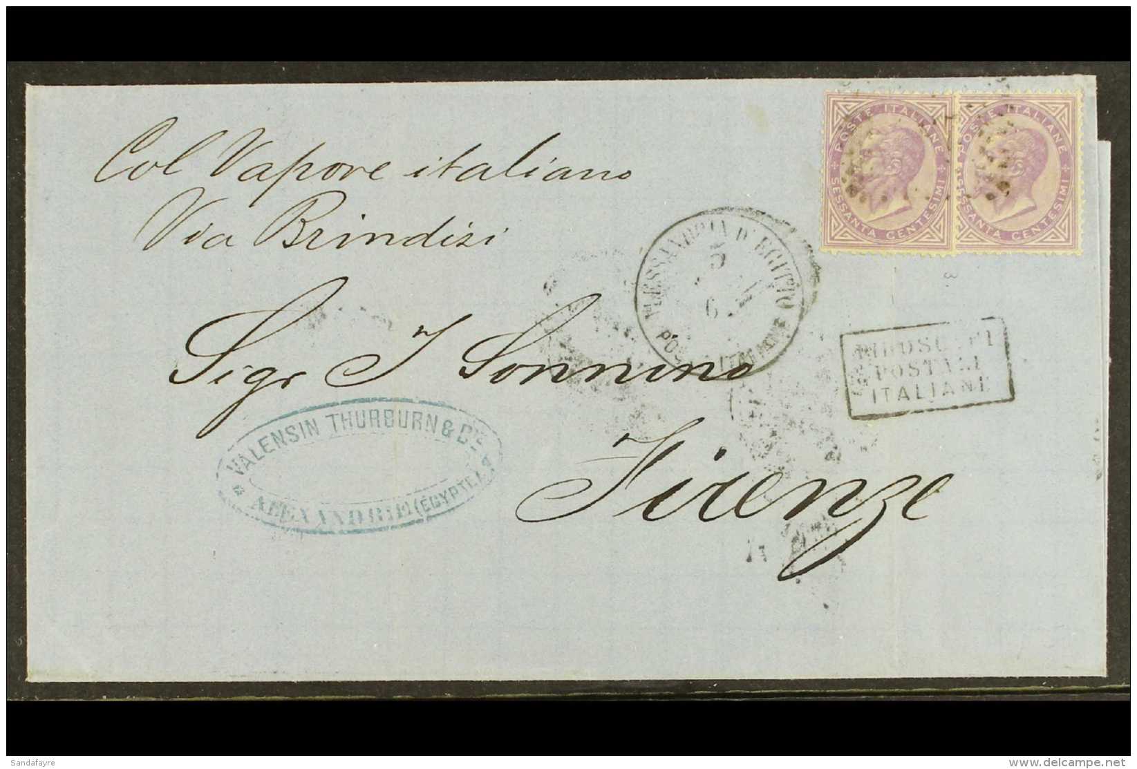 1867 (3 Dec) Cover Endorsed "Col Vapore Italiano / Via Brindisi" Sent From Alexandria To Firenze, Bears Two... - Altri & Non Classificati