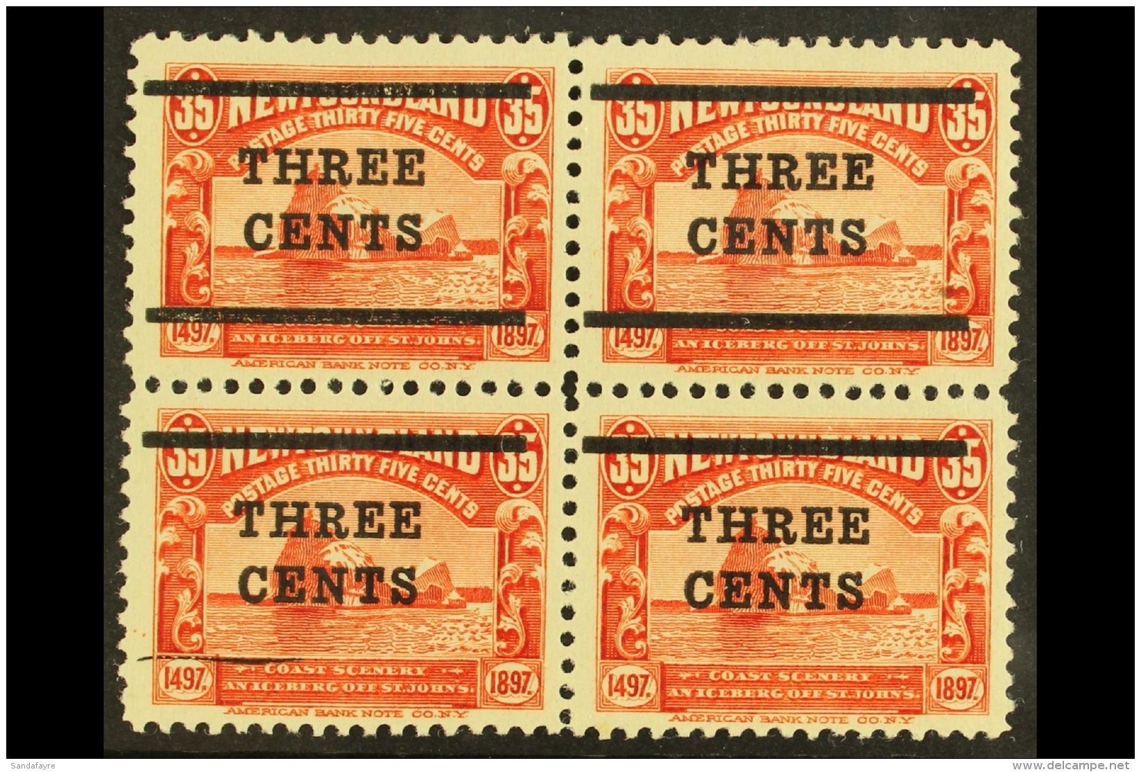 1920 3c On 15c Red Block Of Four - The Lower Pair Showing LOWER BAR OMITTED, SG 147 &amp; 147b, One Stamp With Bar... - Other & Unclassified