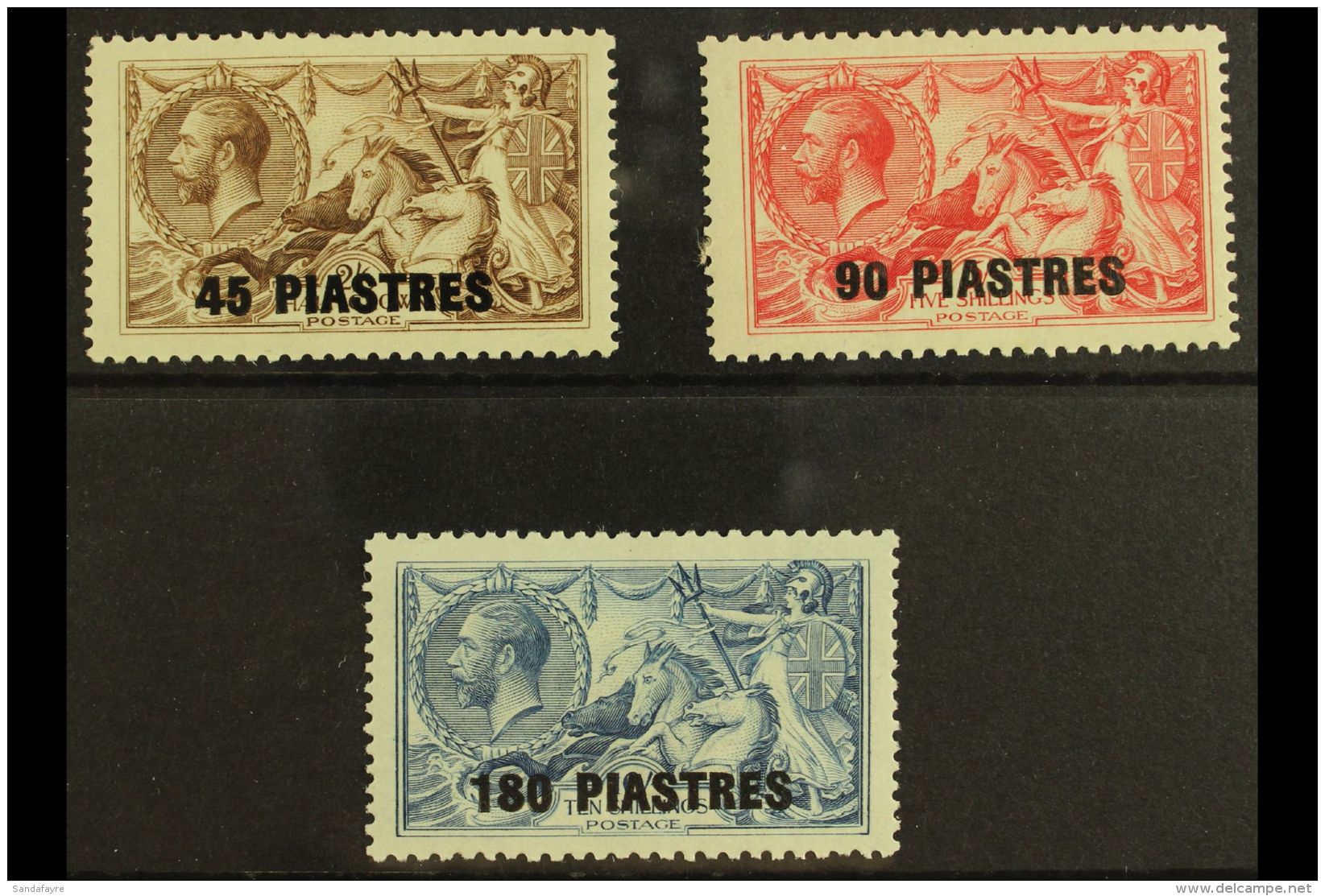 1921 45pi On 2s6d, 5s On 90pi &amp; 180pi On 10s Sea Horse High Values, SG 48/50, Fine Mint (3). For More Images,... - British Levant