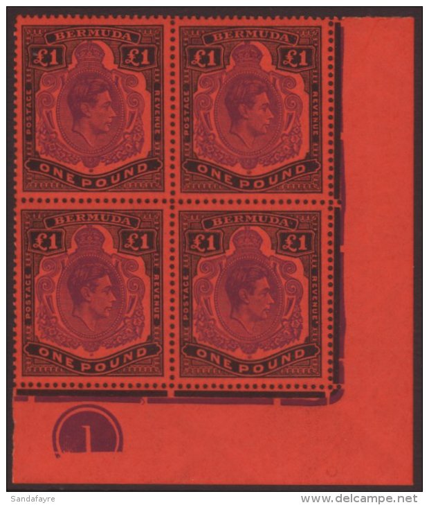 1952 (Oct) &pound;1 Bright Violet And Black On Scarlet SG 121e, Lower Right Corner Plate Block Of Four, Very Fine... - Bermudes