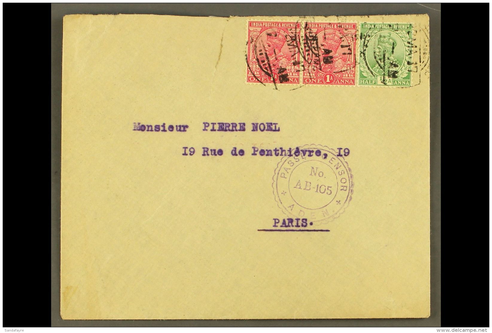 1917 (22 May) Envelope To Paris Bearing India KGV &frac12;a And 1a Pair, Tied By Aden Camp Cds's; Alongside Very... - Aden (1854-1963)