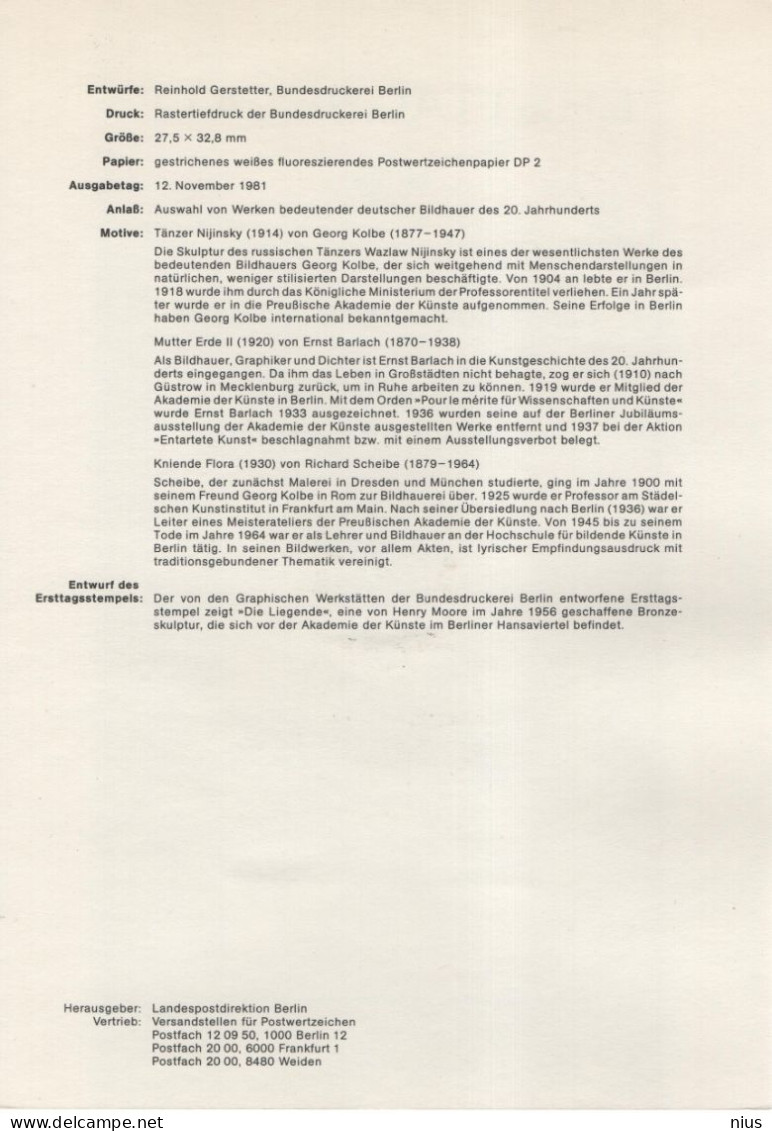 Germany Deutschland 1981-12 Skulpturen Des 20. Jahrhunderts, First Day Sheet, Canceled In Berlin - 1981-1990