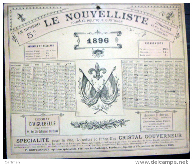 33 BORDEAUX 1896 CALENDRIER OFFERT PAR LE JOURNAL ANTIDREYFUSARD ET ANTISEMITE  LE  NOUVELLISTE - Grossformat : ...-1900