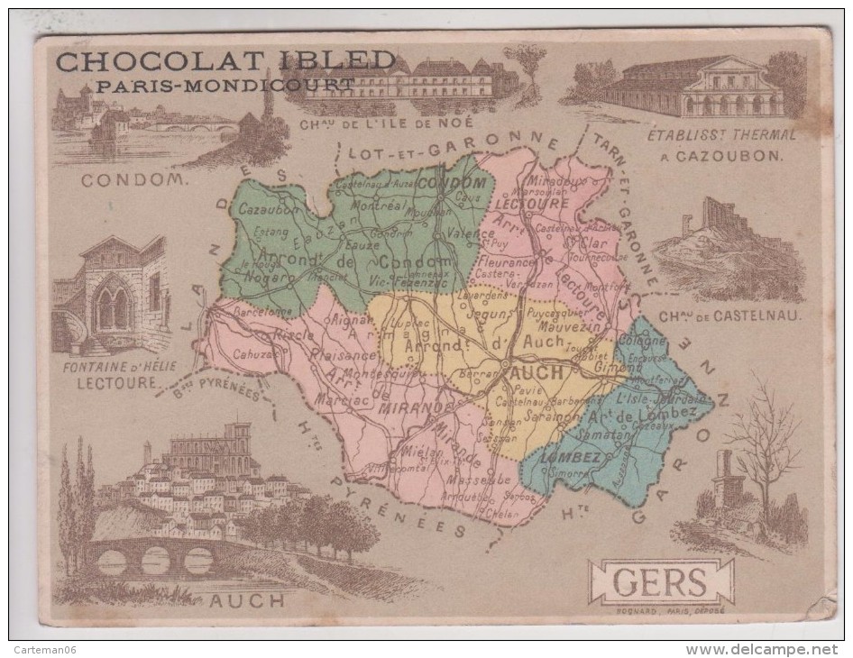 Chromo - Chocolat Ibled - Paris - Mondicourt - Carte Du Département Du Gers (Condom, Auch, Cazoubon, Castelnau) - Ibled