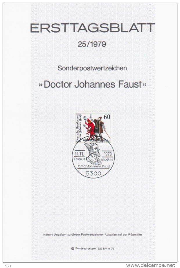 Germany Deutschland 1979-25 Doctor Johannes Faust, First Day Sheet, Canceled In Bonn - 1974-1980